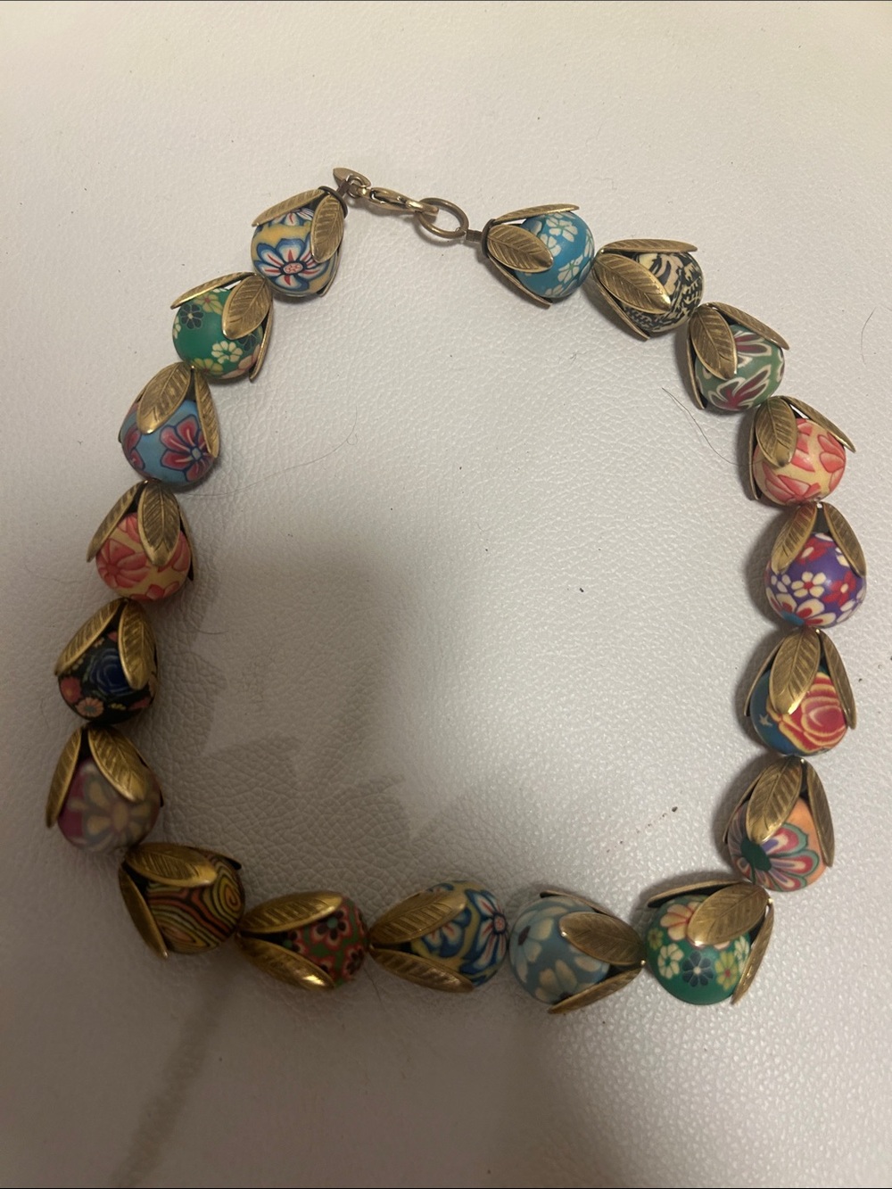 Multicolor Cloisonné Bead Necklace with Gold Leaf Accents